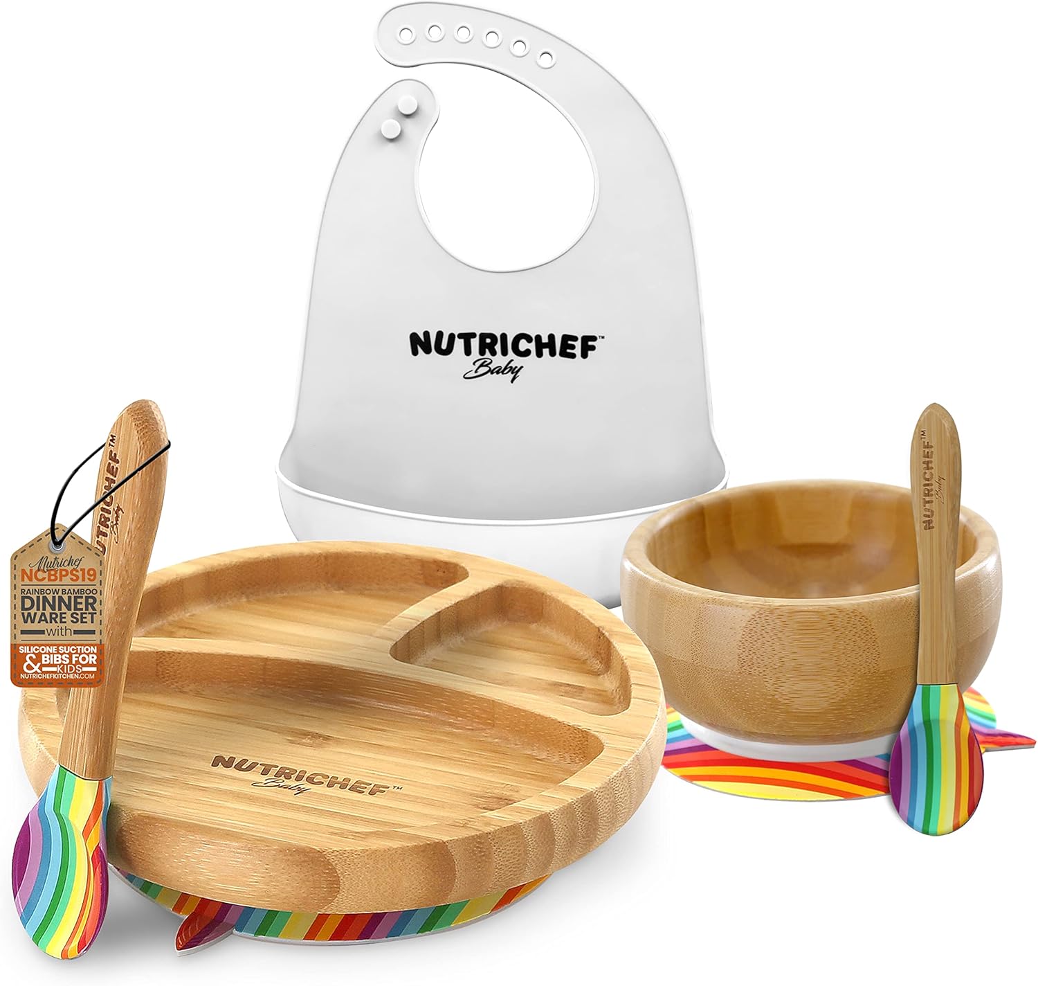 NutriChe Bab an Toddler compartmen plate bowl an spoo feedin set silicon suction Non-toxi al natura Bambo bab foo plat wit silicon bi (Rainbow) Small