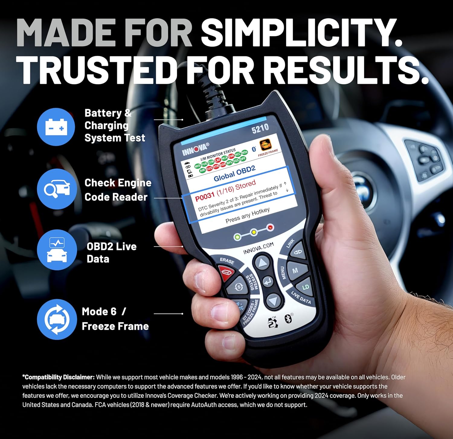 Innov 521 OBD Scanne Engin Cod Reader Batter Tester Liv Data Oi Reset Ca Diagnosti Too fo Mos Vehicles Bluetoot Compatibl wit America' To Ca Repai App