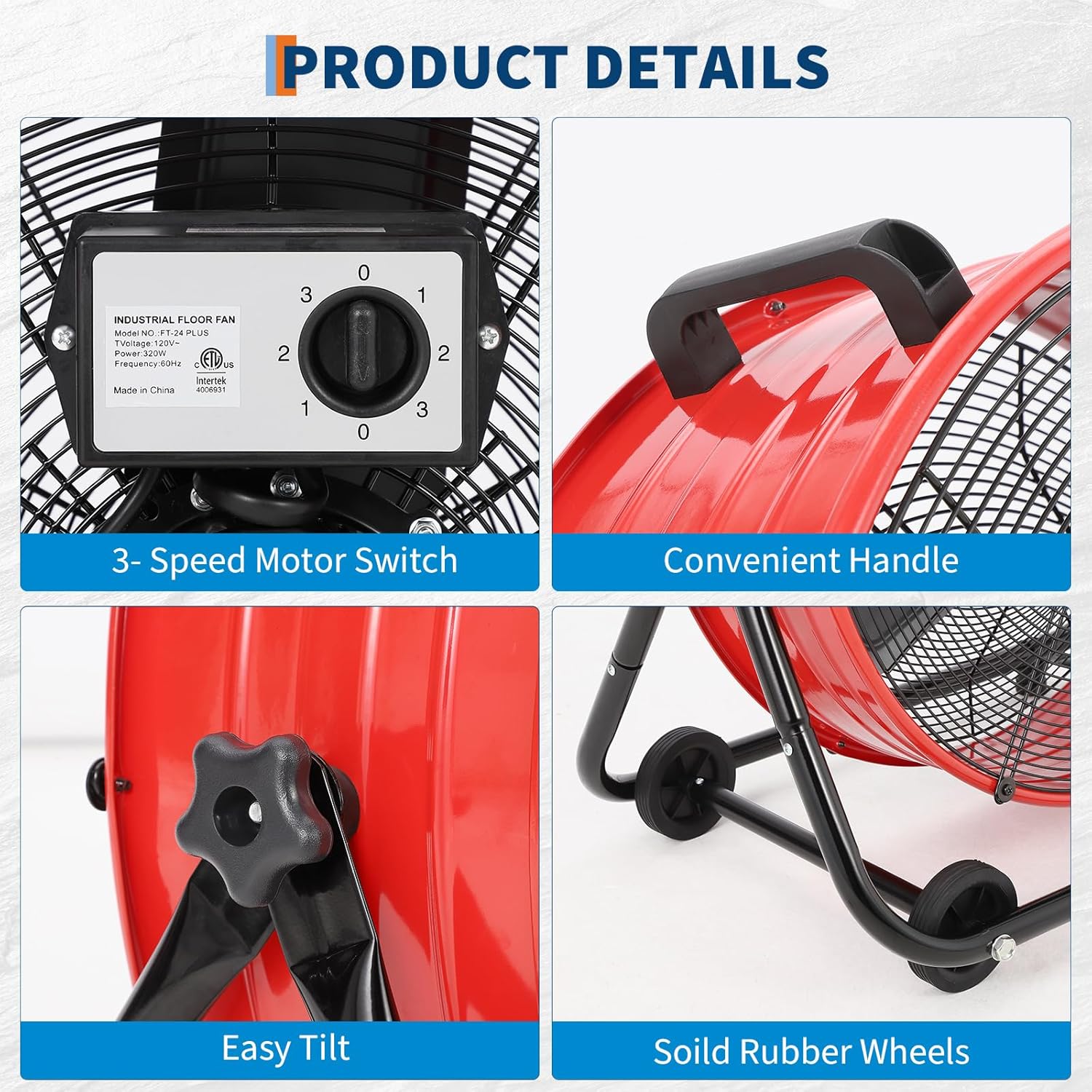 Industria Floo Fa 2 i wit Adjustabl 3-Spee 4800-880 CF Cooling 360 Rotation Portabl Handl Casters High-Powe Airflo fo Home/Workshop
