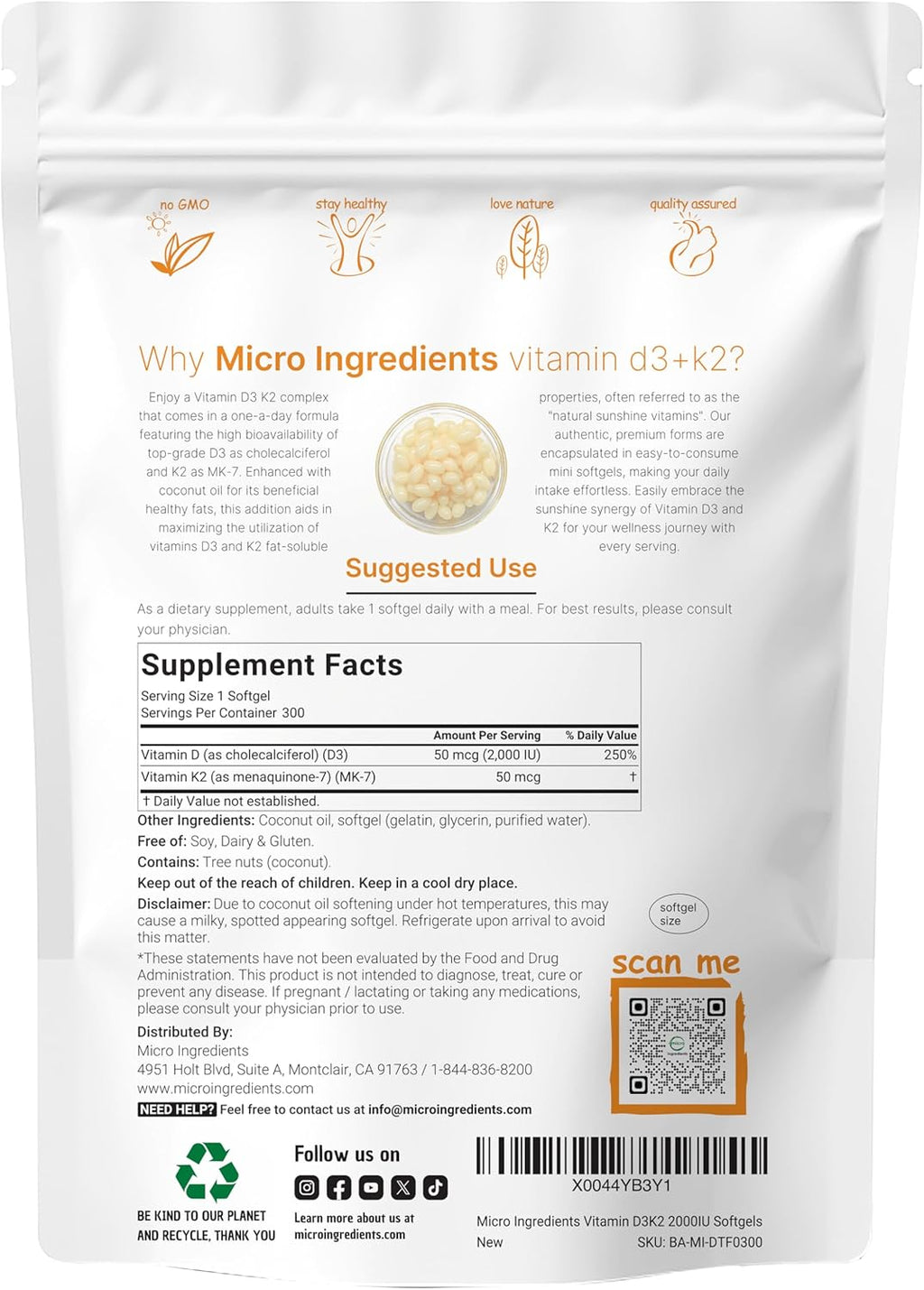 Micr Ingredient Vitami D 2,00 I K MK- 5 mcg 30 Softgel Virgi Coconu Oi 2-in- Bone Immun Hear Suppor Eas t Swallow Non-GMO