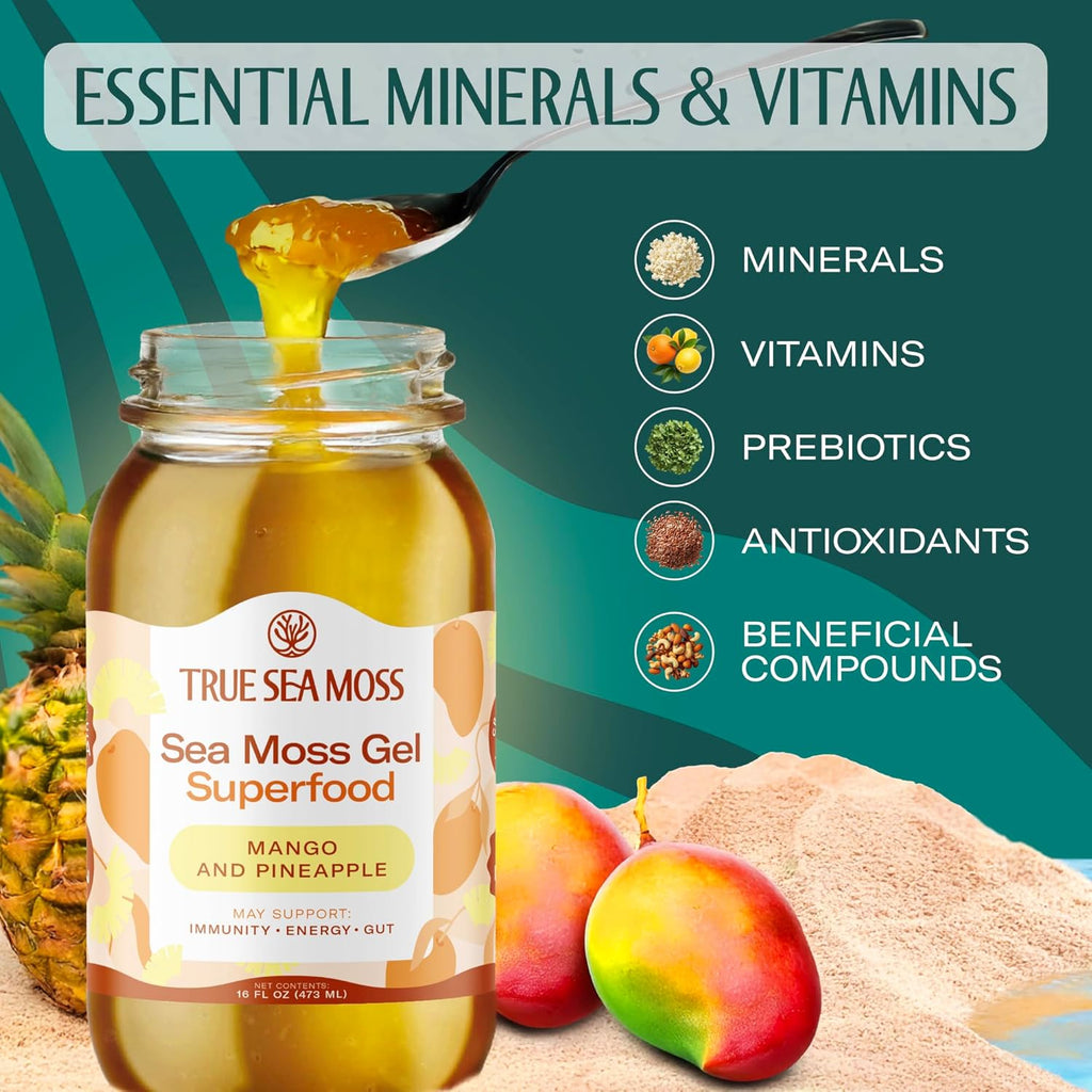 TrueSeaMos Se Mos Ge Mad i US Wildcrafte Seamoss Fruit Jarre Vegetable Mango/Pineapple Pac o (Label ma Vary)