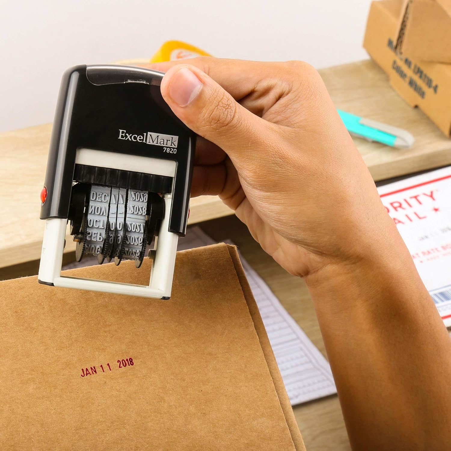ExcelMark 7820 Self-Inking Rubber Date Stamp ¨C Great for Shipping, Receiving, Expiration and Due Dates (Red Ink)
