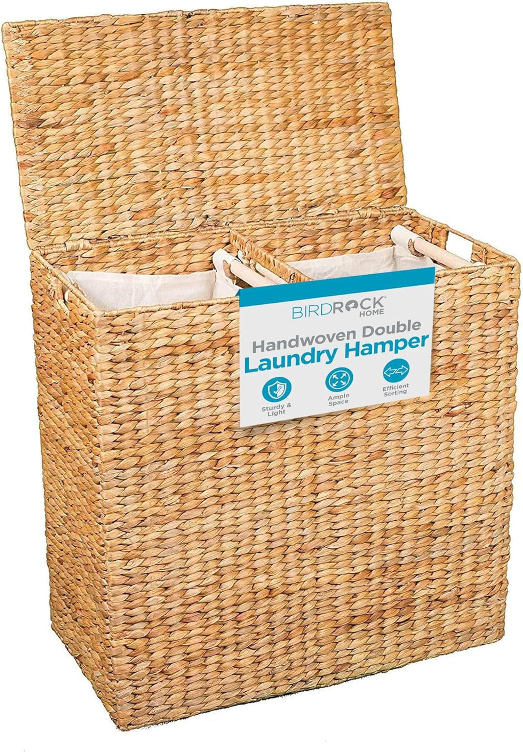 BirdRock Home Water Hyacinth Laundry Hamper Divided Interior (Natural) | Eco Friendly | Made of Hand Woven Hyacinth Fibers | Includes Two Removable Cotton Liners Bag | Wicker Laundry Basket with Lid