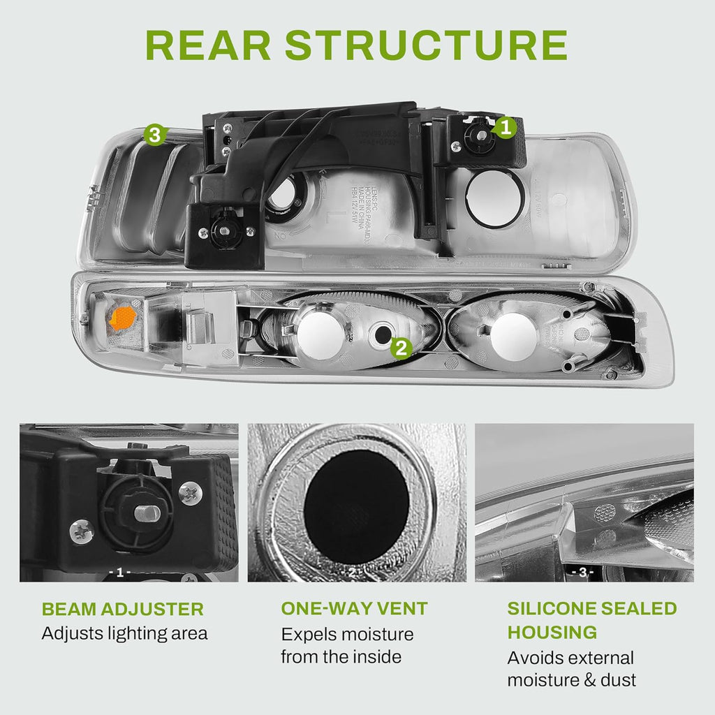 AUTOSAVER88 Headlight Assembly Compatible with 1999 2000 2001 2002 Chevy Silverado 1500 2500 Headlamp Pair Chrome Housing Amber Reflector