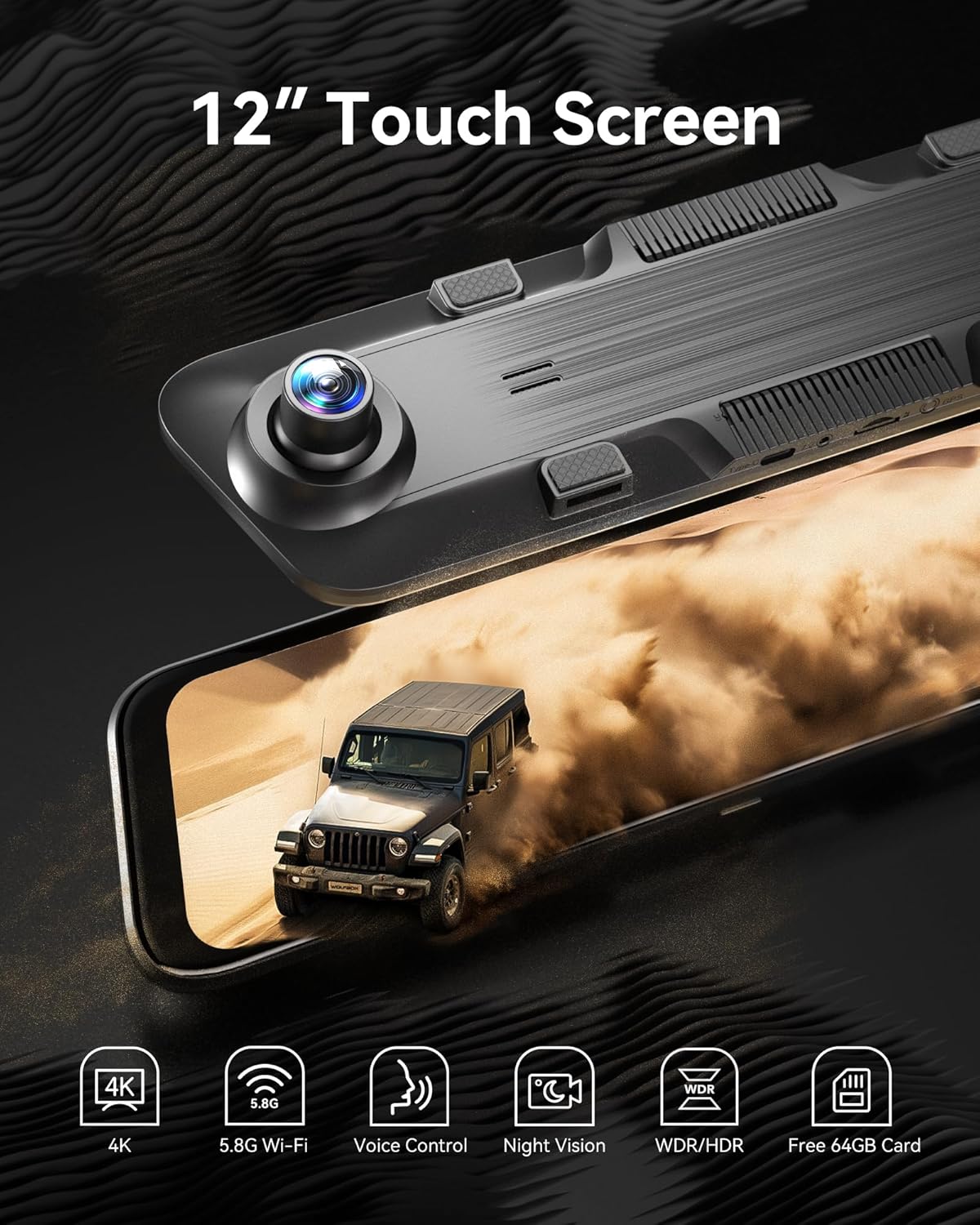 WOLFBO 12inc 4 Rea Vie Mirro Camer wit 5.8GH WiF an Voic Control Smar Mirro Das Ca Fron an Rear Backu Camer wit 1080 Rea Camera Das Ca wit WDR Include 64G Car GPS