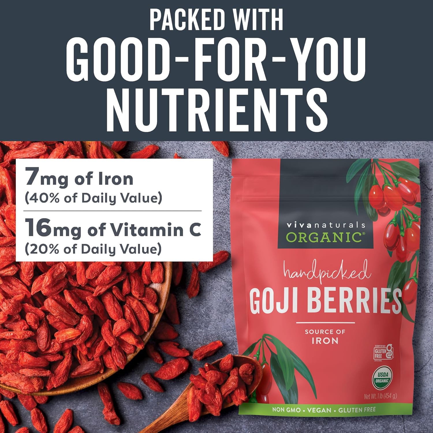 Viva Naturals Organic Dried Goji Berries, 1 lb (454 g) ¨C Non-GMO, Vegan Wolfberries, Perfect for Goji Berry Tea, Smoothies, Baking Snacking