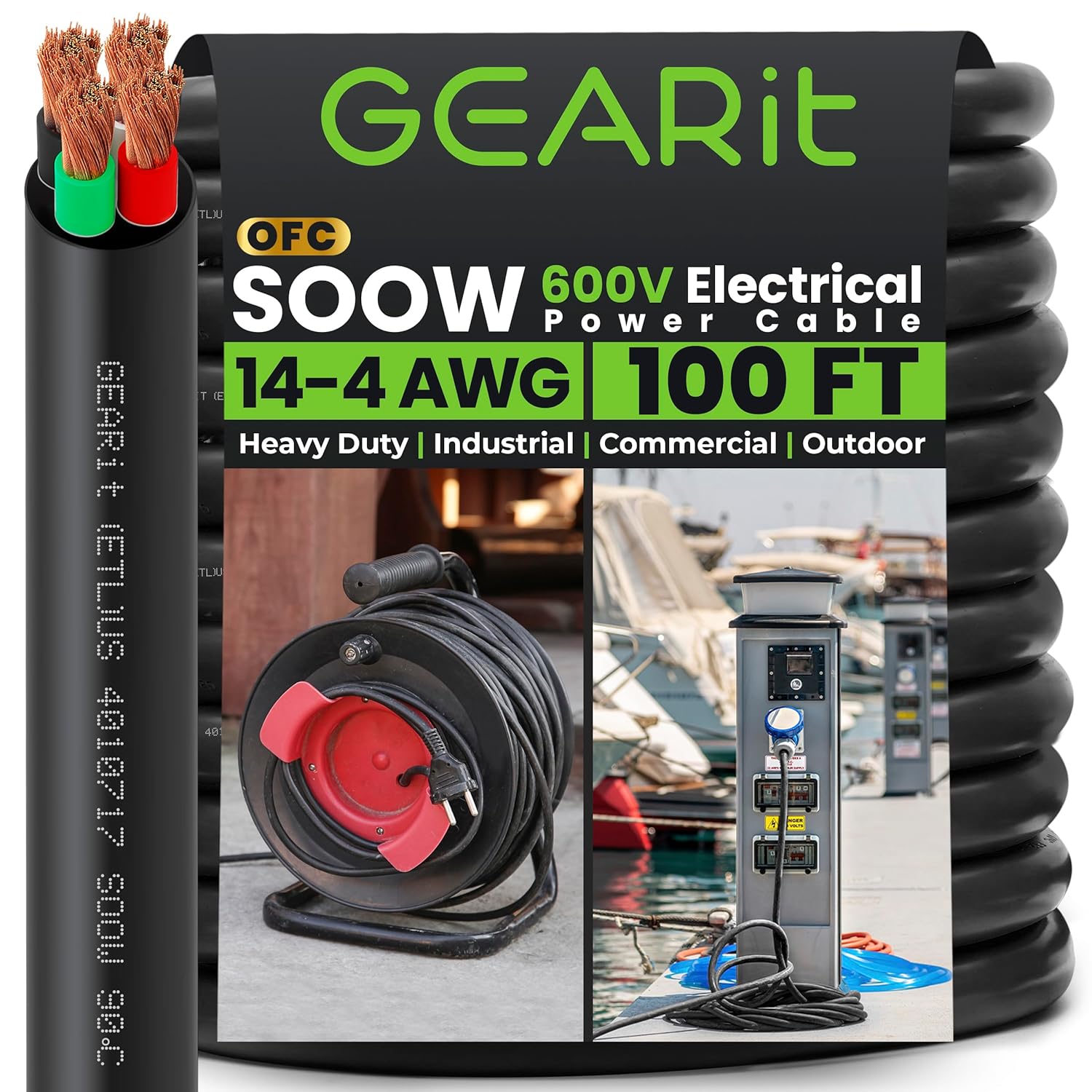 GEARit 14/4 14 AWG Portable Power Cable (100 Feet - 4 Conductor) SOOW 600V 14 Gauge Electric Wire for Motor Leads, Portable Lights, Battery Chargers, Stage Lights and Machinery -100ft Electrical Cord