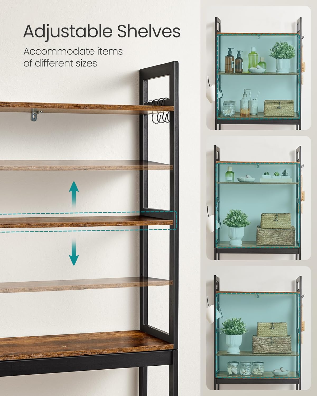 Over-The-Toilet Storage, 3-Tier Bathroom Organizer Over Toilet with Adjustable Shelves, Hooks, Bamboo, Freestanding Space Saver Bathroom Shelves, Rustic Brown and Ink Black UBTS012B01