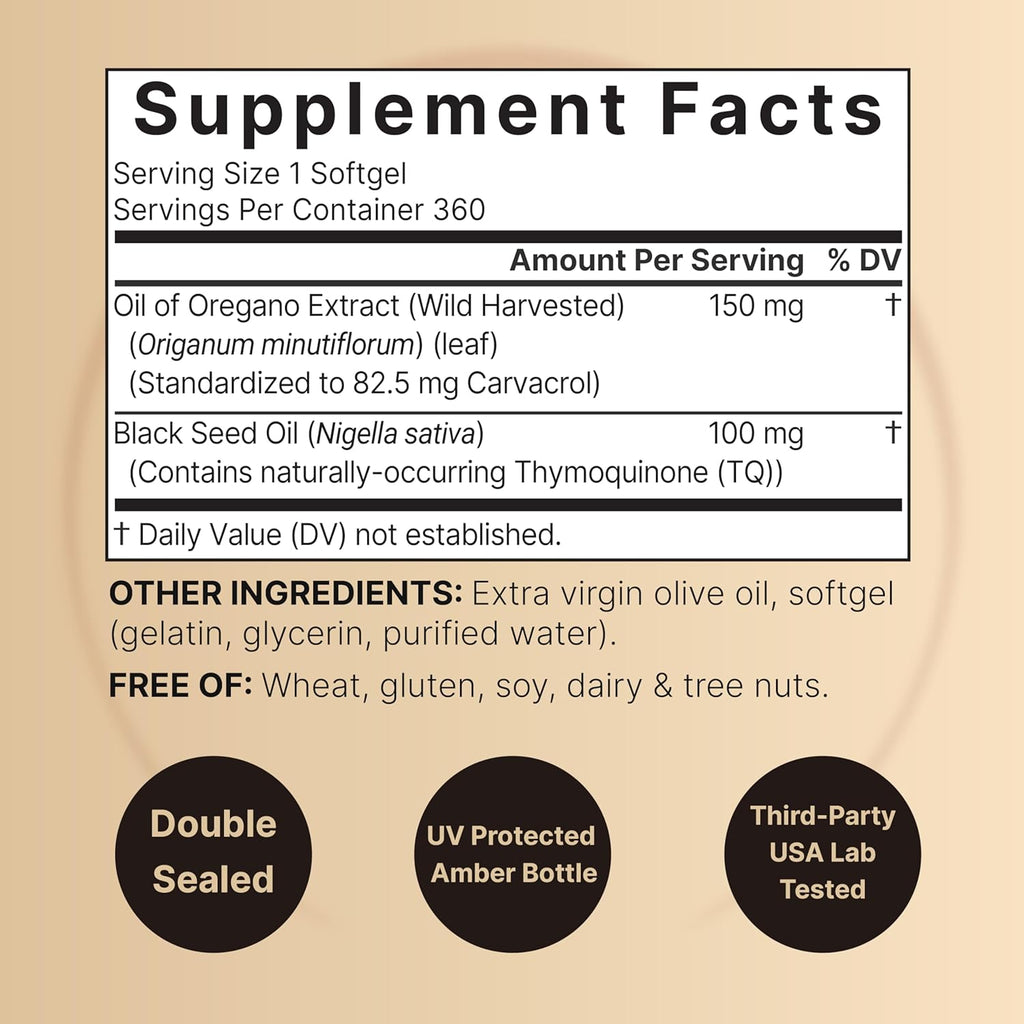NatureBel Oregan Oi wit Blac See Oil 36 Softgel 360-da Suppl Essentia Oil fo Immun Healt Retain Hig Concentrate Carvacro Thymoquinon Non-GMO