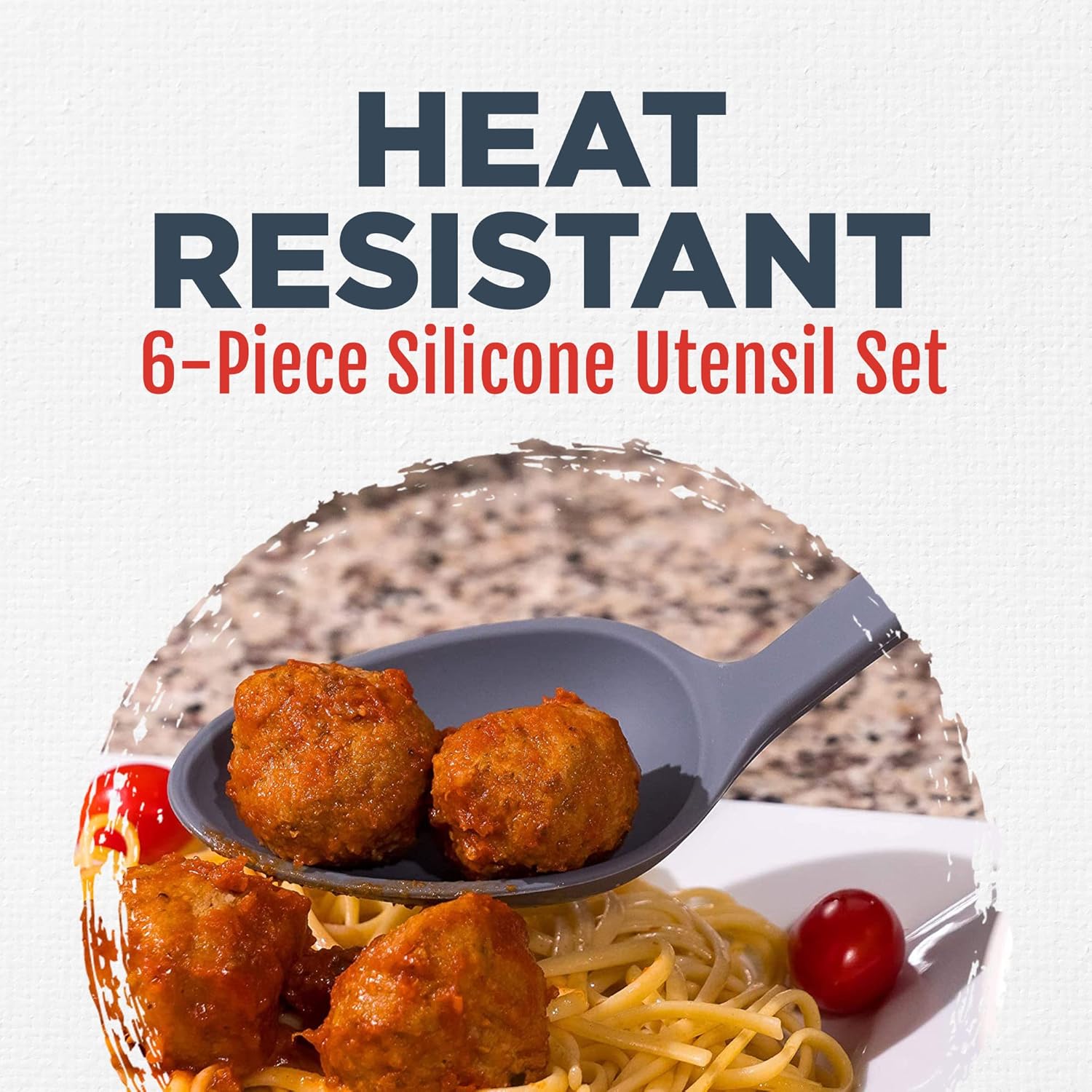 Culinary Couture Grey Silicone Kitchen Utensils Set of 6, Non-Stick Heat-Resistant Silicone Kitchen Utensils Set with Steel Inner Core