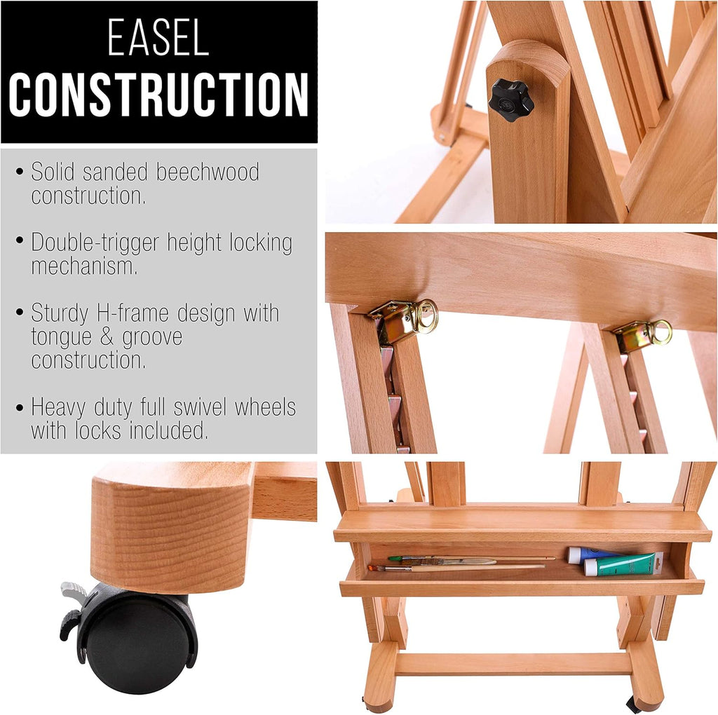 U.S Ar Suppl Extr Larg Doubl Mas Woode H-Fram Easel Adjustabl Studi Artis Ease fo Paintin wit Rotatin Canva Stand Artis Storag Tra Lockin Pr Caste Wheels Premiu Beechwood