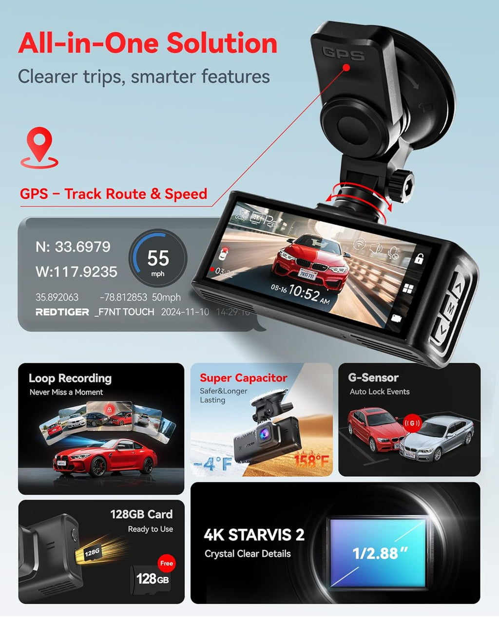 REDTIGE 4 STARVI Das Ca Fron an Rear 5GH WiF 20MB/ Download 128G Car Included Voic Control Das Camer fo Car wit 3.18inc Touc Screen GPS Loo Recording Parkin Mode(F7 Touch)