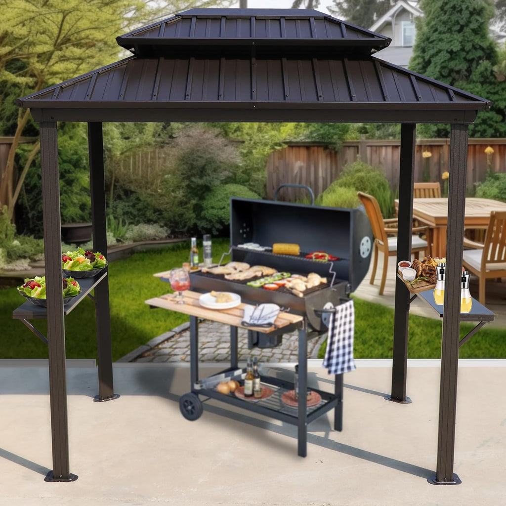 Kozyard 6¡¯ x 8¡¯ BBQ Hardtop Grill, Outdoor Barbecue Gazebo with Double Galvanized Metal Roof, Aluminum BBQ Gazebo with 2 Side Shelves for Outdoor Grilling Station (Brown/Hardtop)