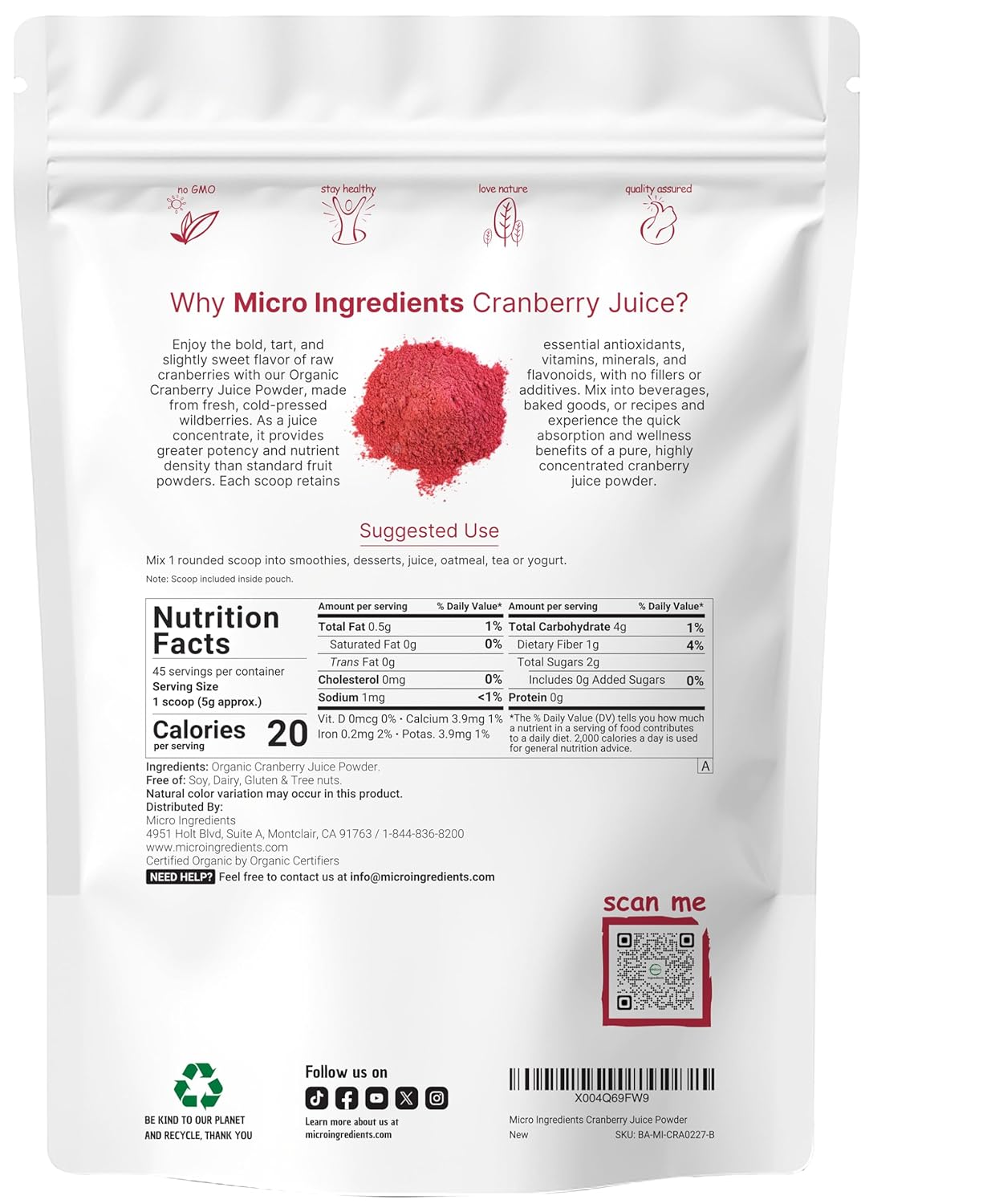 Sustainabl U Grown Organi Cranberr Juic Powde (Wil Cranberr Supplement Col Pressed) Ounc Support Urinar Trac Cleans Prostat Health Fille Free Wate Soluble Pe Friendly
