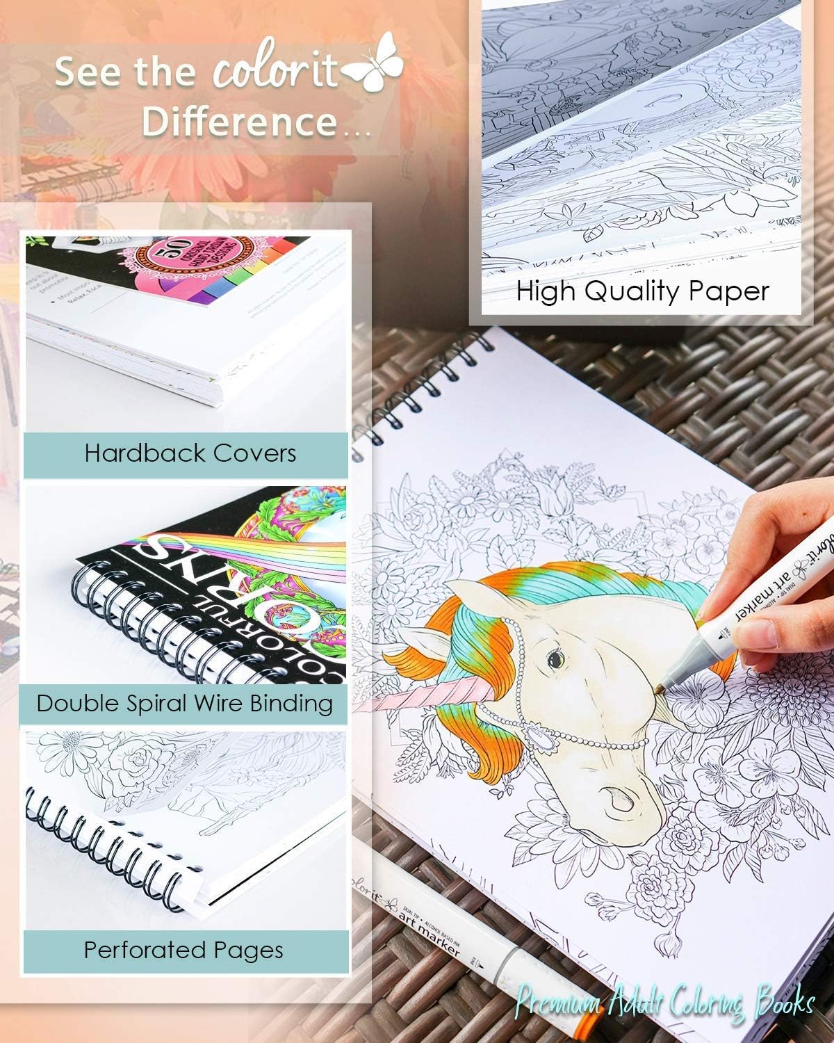 ColorI Colorfu Unicorn Adul Colorin Boo 5 Single-Side Pages Thic Smoot Paper La Fla Hardbac Covers Spira Bound US Printed Han Draw Unicor Colorin Pages