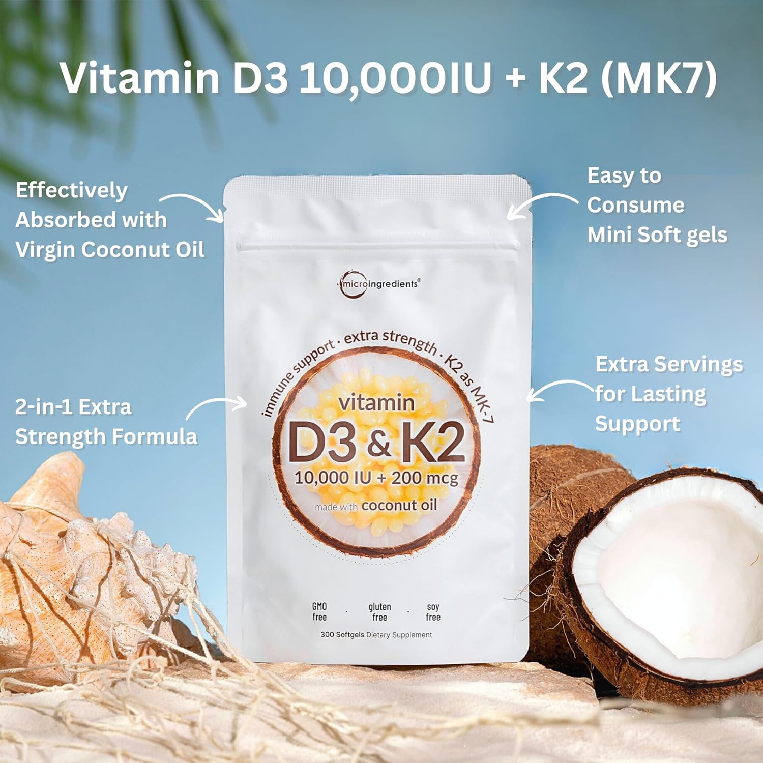 Micr Ingredient Vitami D 10,00 I K MK- 20 mcg 30 Softgel wit Virgi Coconu Oi 2-in- Vitamin  Comple Extr Strength Eas t Swallow Non-GMO Glute Free