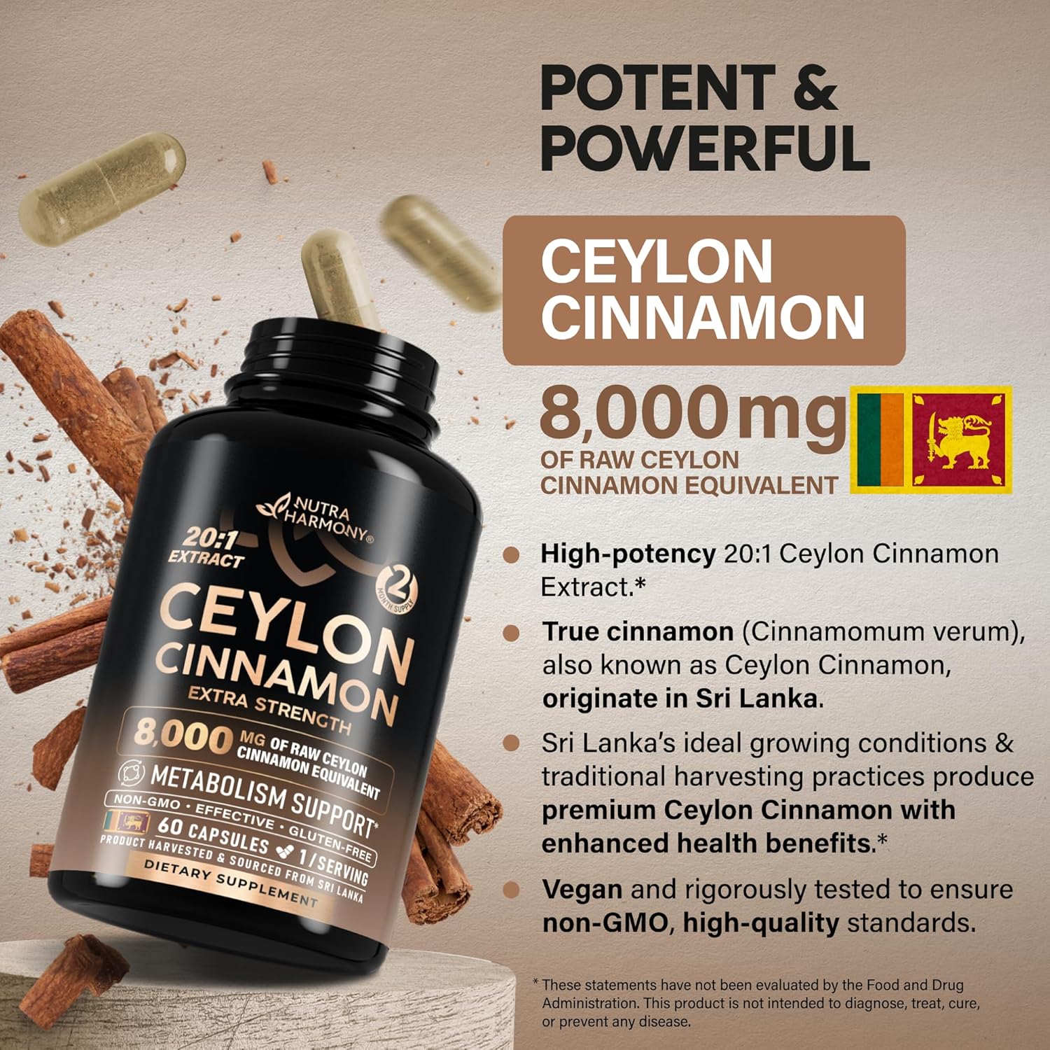 Ceylon Cinnamon Capsules - Extra Strength - Energy Heart Metabolism Support for Men Women - Pure Natural Cinnamon 20:1 Extract Supplement - GMO Gluten Free - Made in USA - 60 Capsules 2 Month
