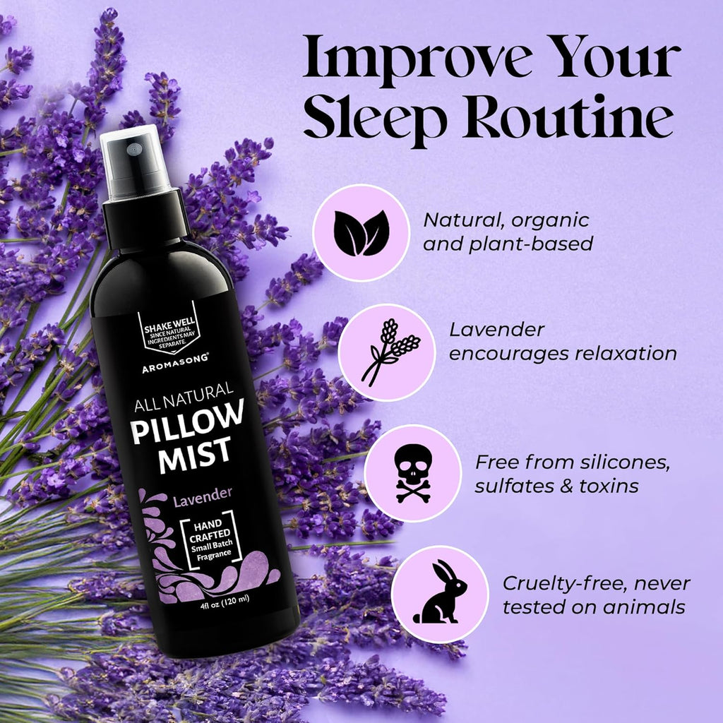 Aromasong Lavender Pillow Spray - All Natural Linen & Bedtime Mist for Sleep - Aromatherapy Botanical Essential Oils for Sleeping - Fragrance Scent 8 Oz.