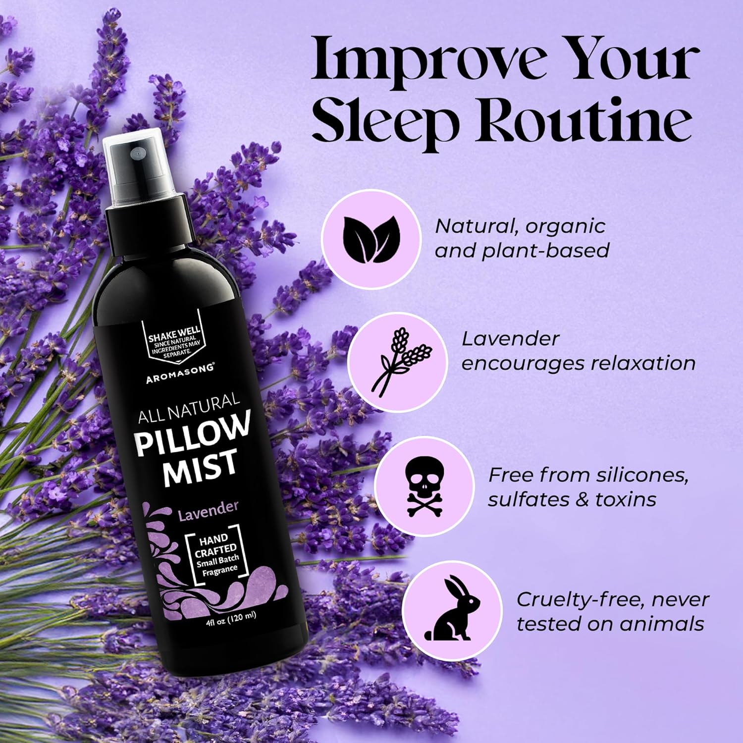 Aromasong Lavender Pillow Spray - All Natural Linen & Bedtime Mist for Sleep - Aromatherapy Botanical Essential Oils for Sleeping - Fragrance Scent 8 Oz.