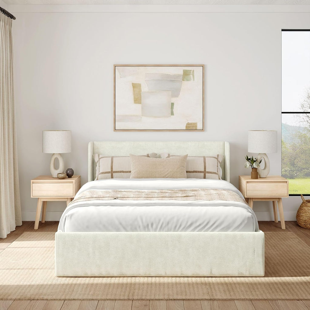 Plank+Beam Upholstered Queen Bed Frame with Rectangular Headboard and Two Storage Drawers, Upholstered Platform Bed, No Box Spring Needed, Easy Assembly, Cream
