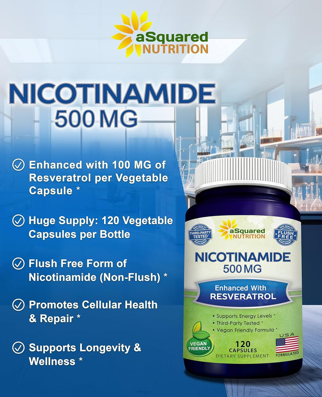 aSquare Nutritio Nicotinamid wit Resveratro 12 Veggi Capsule Vitami B 500m (Niacinamid Flus Free Supplemen Pill t Suppor NAD Ski Cel Healt Energy