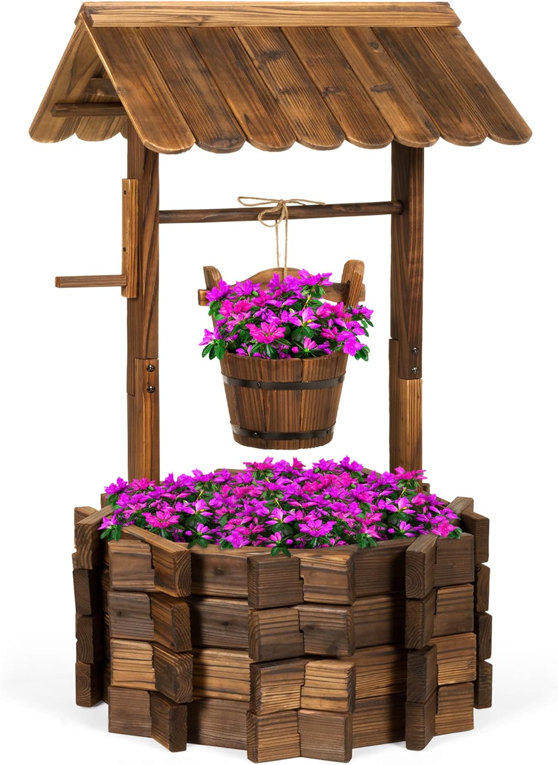 Bes Choic Product Rusti Woode Wishin Wel Plante Outdoo Hom D¨¦co fo Patio Garden Yar w/Hangin Bucket