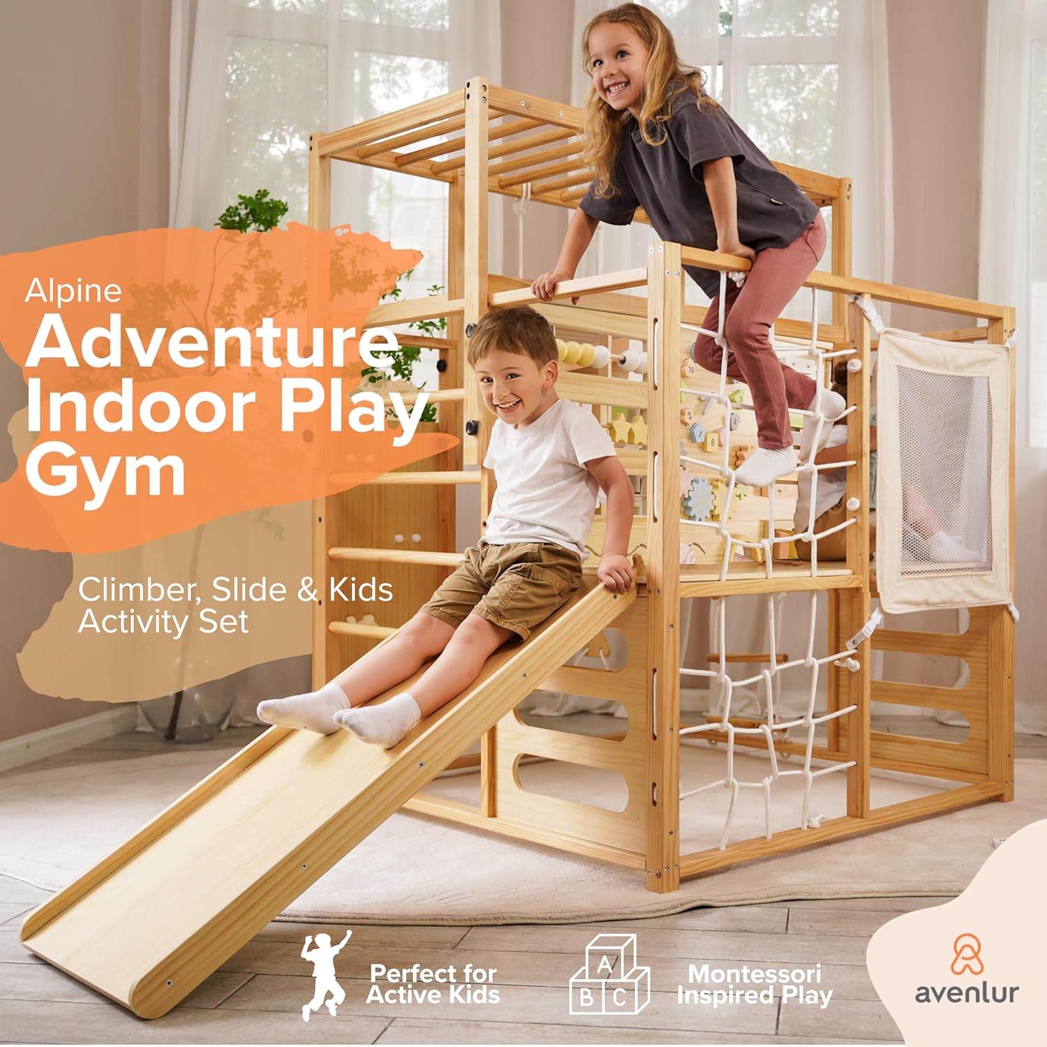 Avenlu Montessor Gy Alpin Woode Jungl Gy wit Indoo Swing Toddle Bab Climbin Toys Roc Wal Perfec fo Activ Fu Skil Development Age 2-8