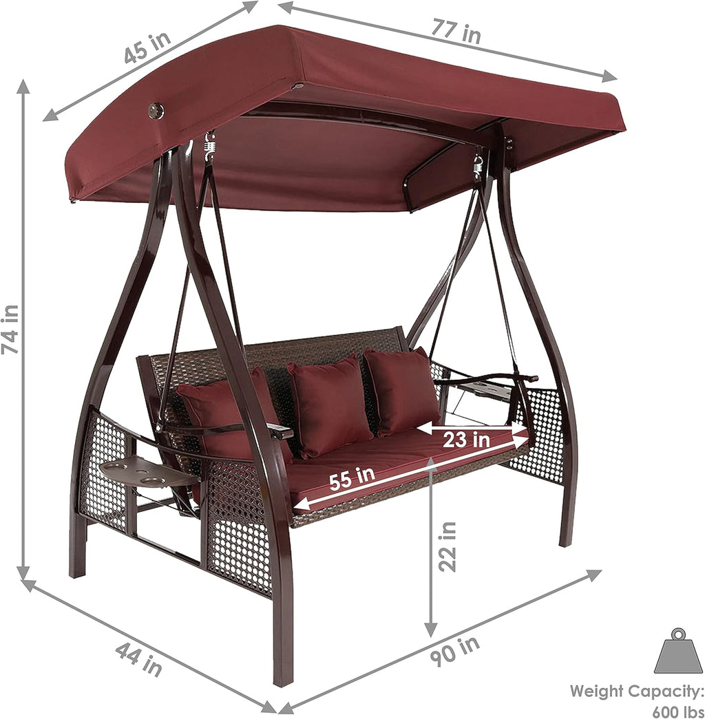Sunnydaze 3-Seat Deluxe Patio Swing with Steel Frame and Canopy - 600-Pound Weight Capacity - Maroon Cushions Included