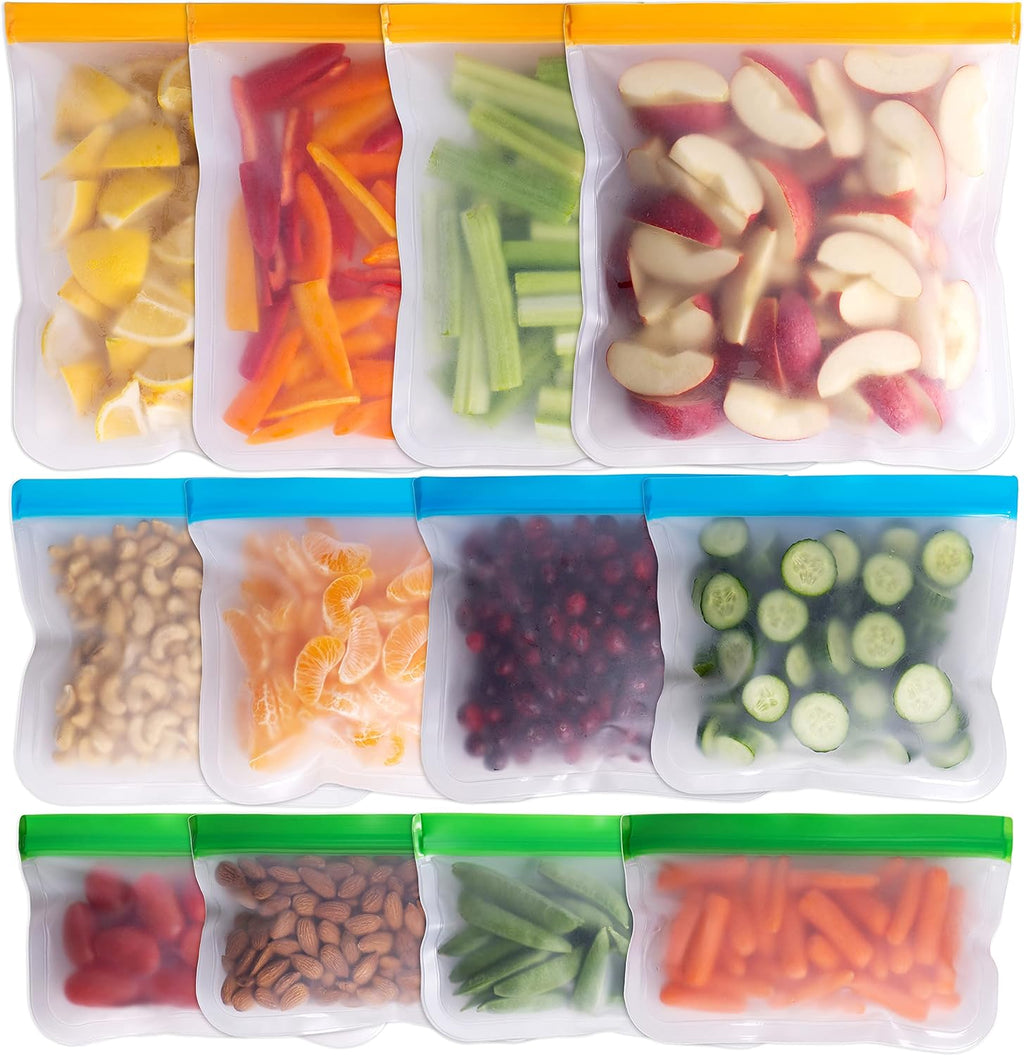 Greenzla Reusable Food Storage Bags - 12 Pack BPA-Free, Extra Thick, Leakproof Freezer Lunch Carriers; 4 Gallon, Sandwich Snack Options - Reusable Lunch Bags