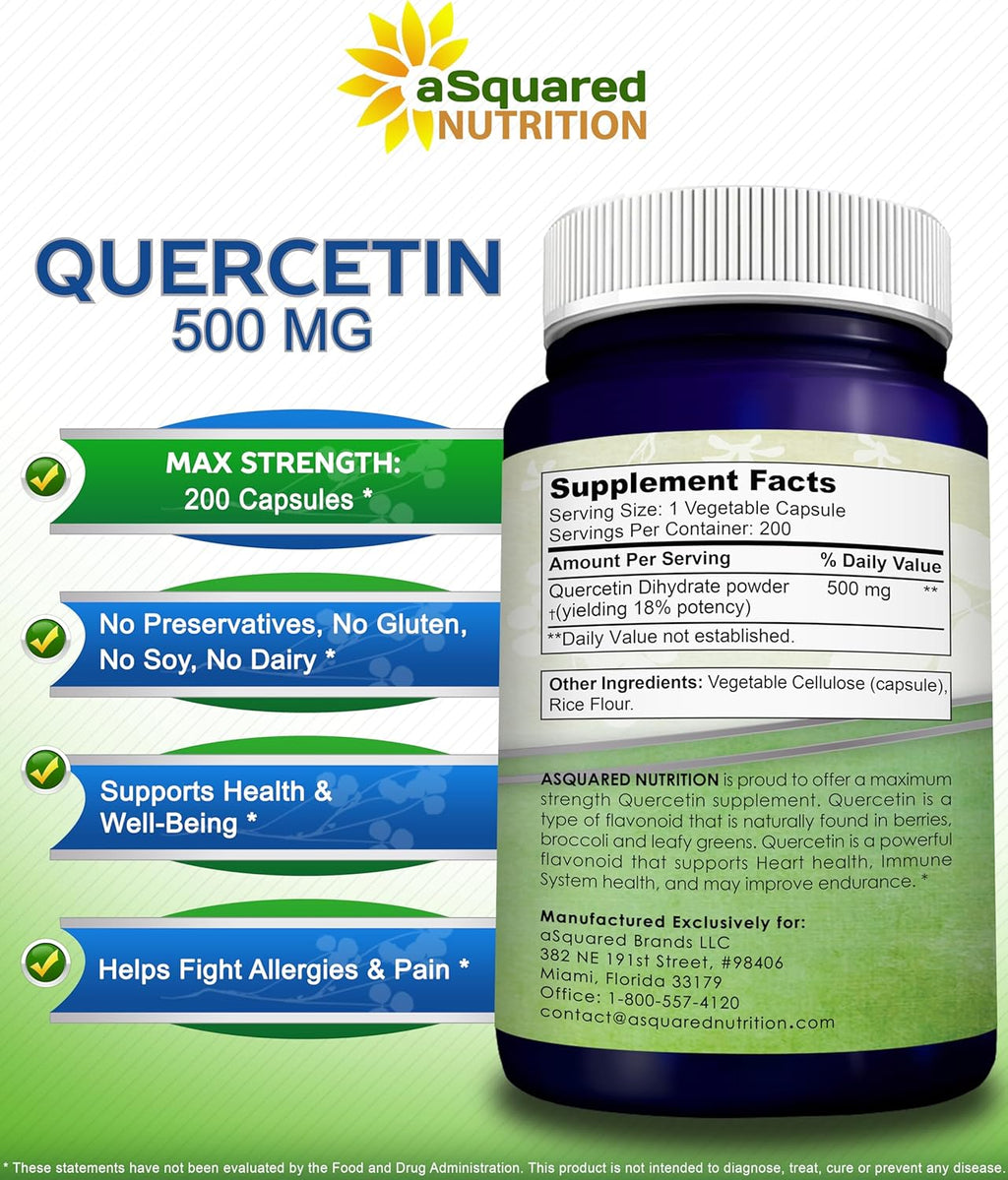 aSquared Nutrition Quercetin 500mg Supplement - 200 Capsules - Quercetin Dihydrate to Support Cardiovascular Health - Max Strength Powder Complex Pills to Help ImpImmune Response