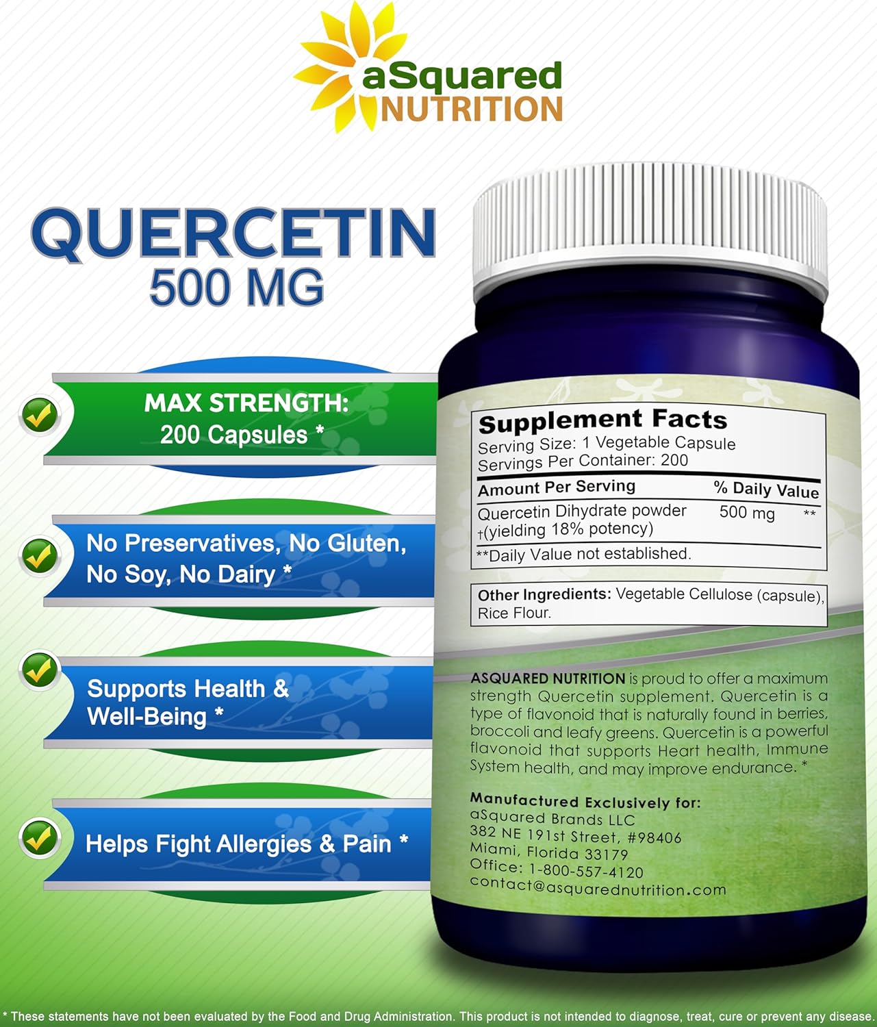 aSquared Nutrition Quercetin 500mg Supplement - 200 Capsules - Quercetin Dihydrate to Support Cardiovascular Health - Max Strength Powder Complex Pills to Help ImpImmune Response