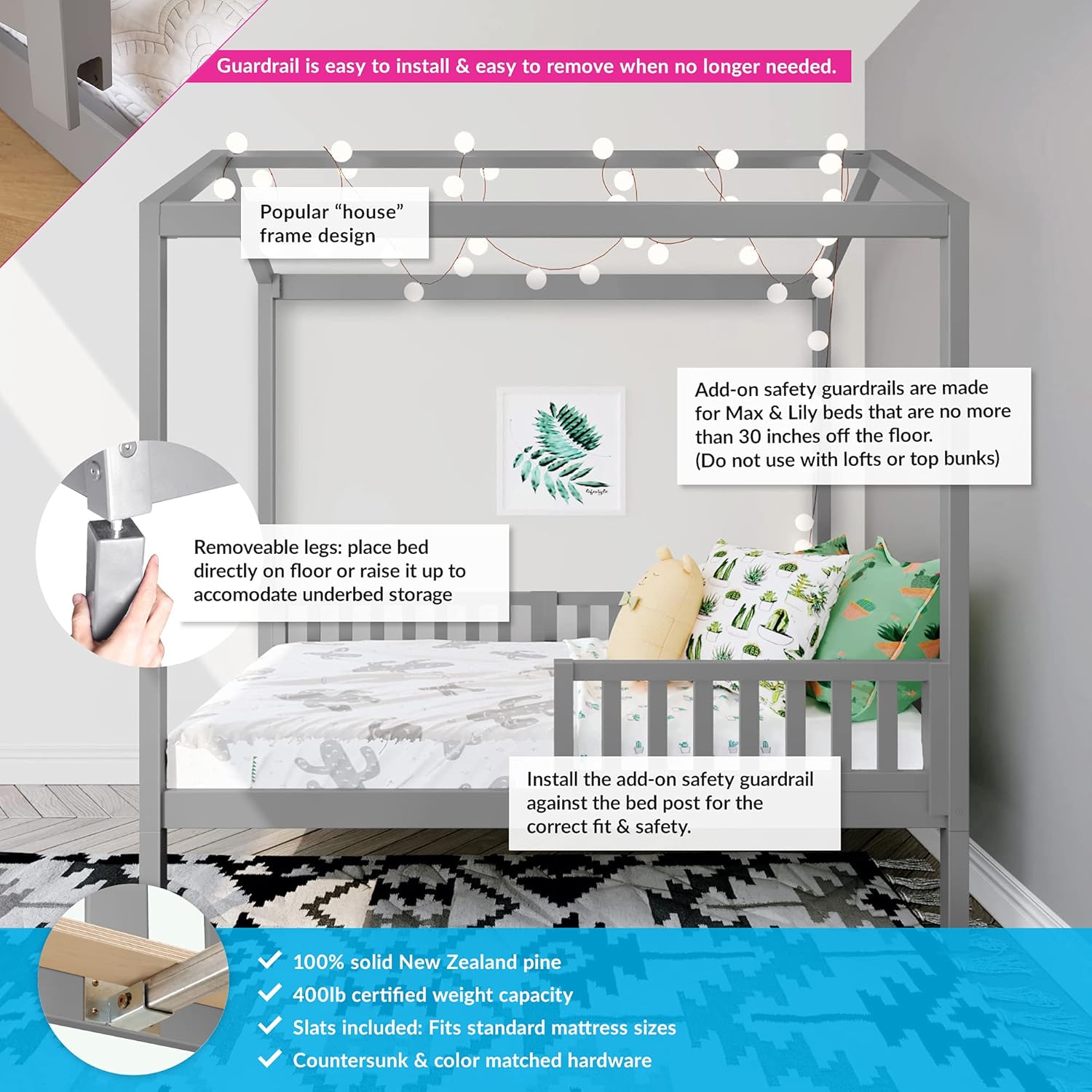Max & Lily Twin House Bed with Three Guard Rails Platform, Grey