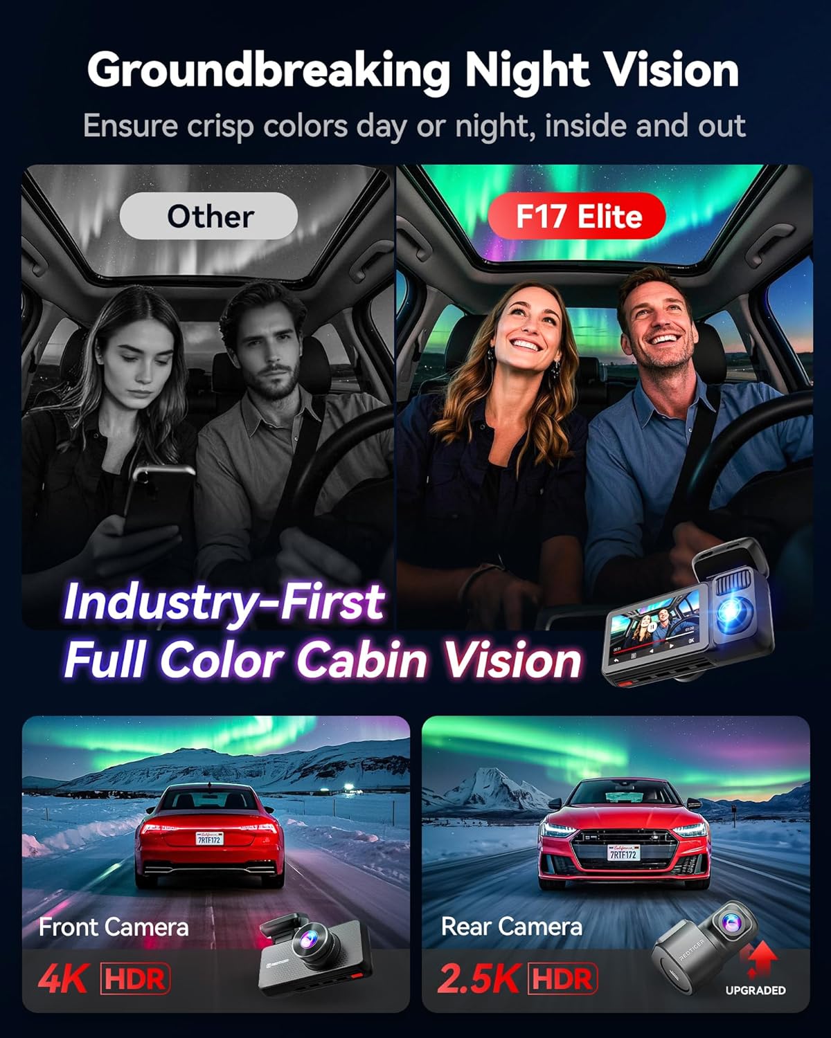 REDTIGE F1 Elit 4 Channe Das Cam STARVI IMX67 IMX675 128G Card Ful Nigh Color 4K+2.5K+1080 Fron an Rea Inside Touc Screen Voic Control 5GH WiF 6 GPS HDR Parkin Mode