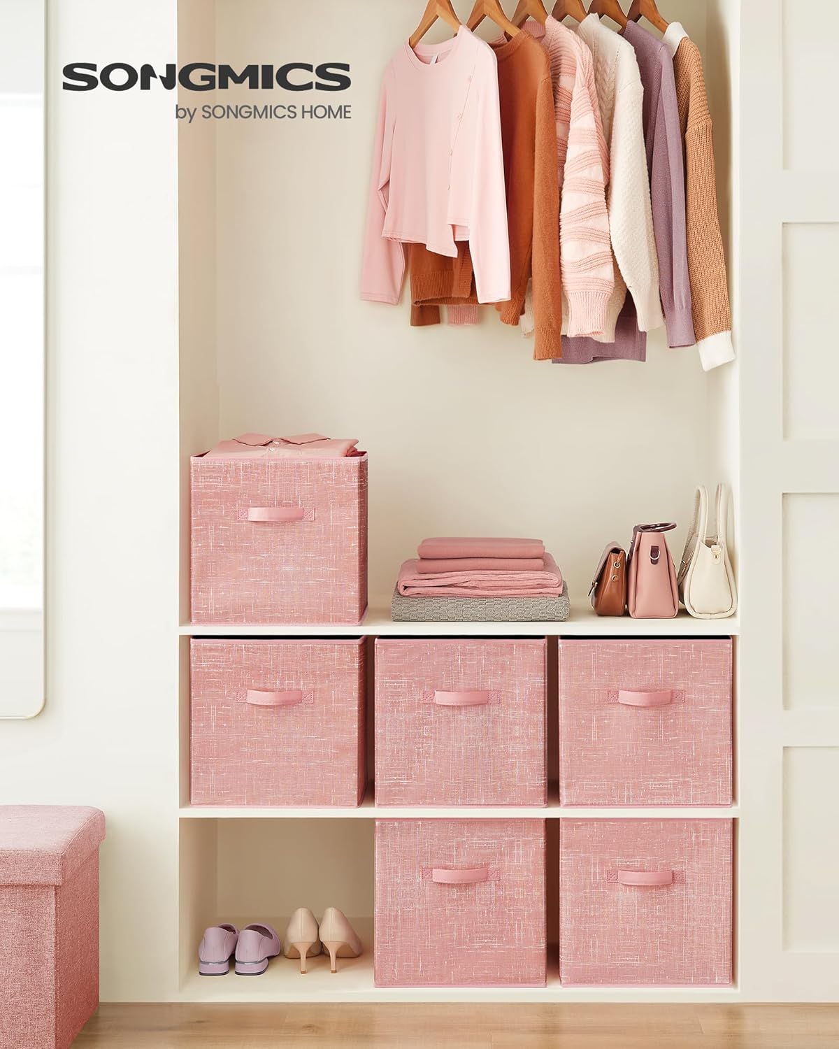Storage Cubes, 13-Inch Non-Woven Fabric Bins with Double Handles, Set of 6, Closet Organizers for Shelves, Foldable, for Clothes, Jelly Pink UROB033R01
