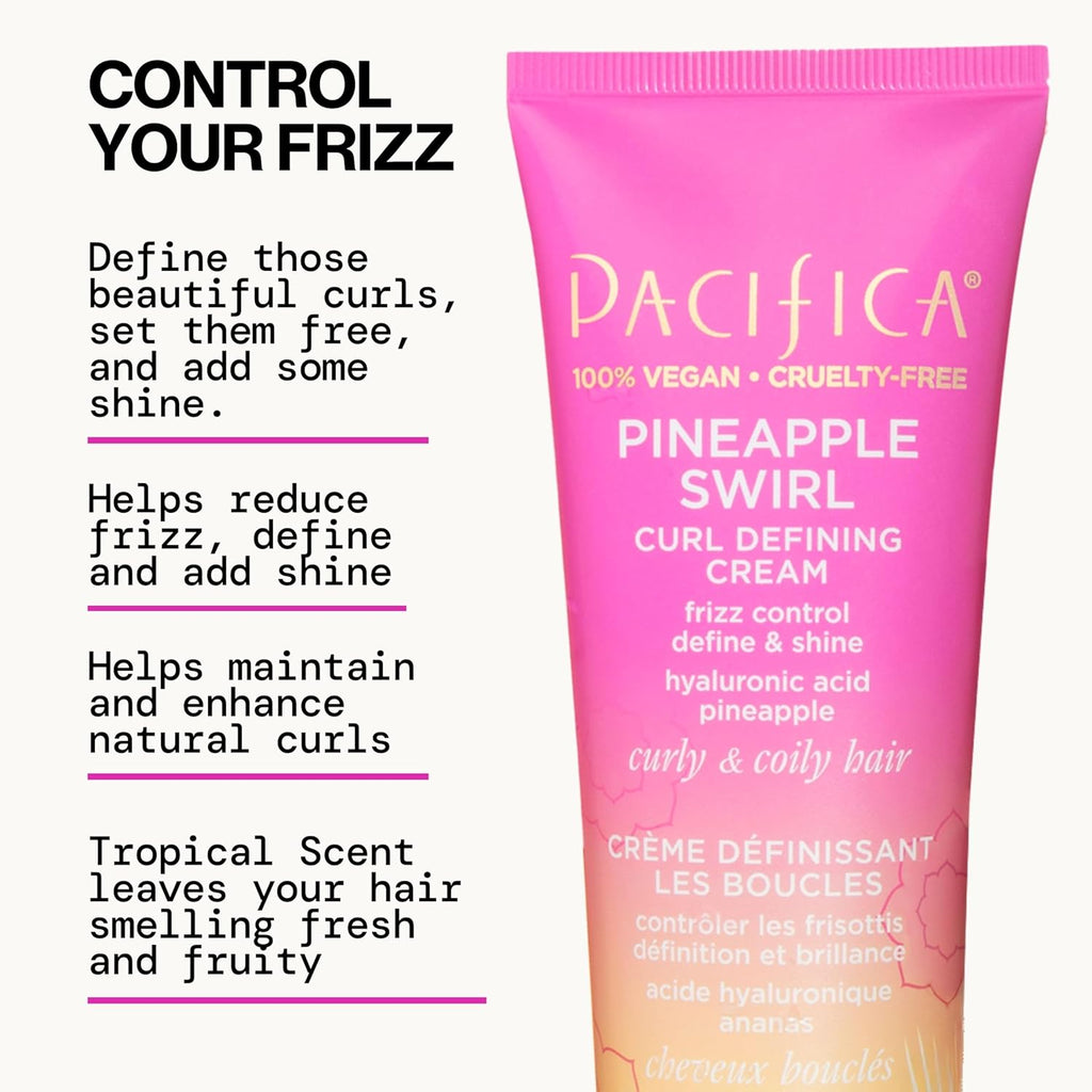 Pacifica Pineapple Swirl Curl Defining Cream ¨C Curl Cream for Curly Hair, Curly Hair Products with Coconut Oil and Hyaluronic Acid, Styling for Bouncy Waves Without Crunch - 4 Oz