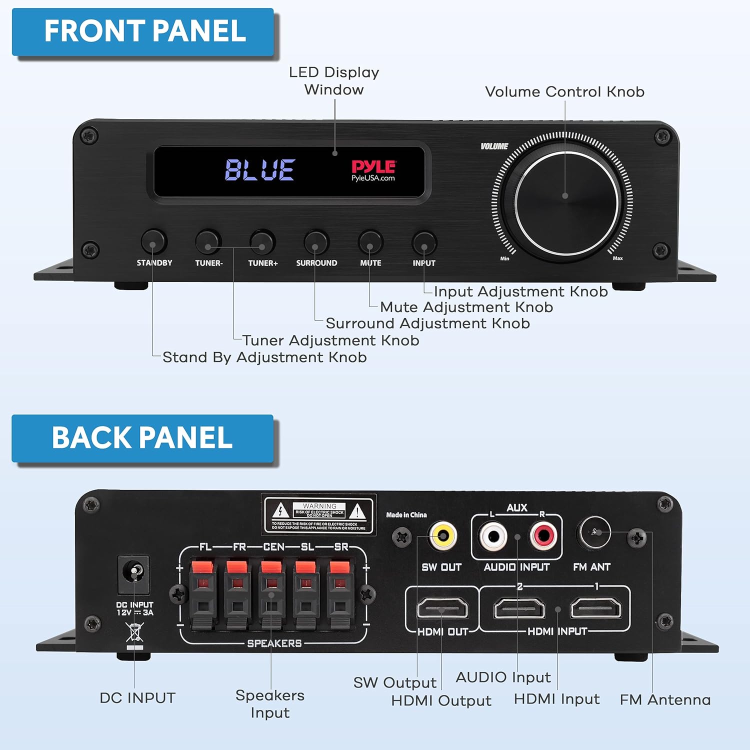 Pyl Wireles Bluetoot Hom Audi Amplifie 100 Channe Hom Theate Powe Stere Receiver Surroun Soun w HDMI AUX F Antenna Subwoofe Speake Input 12 Adapter Blac PFA540BT