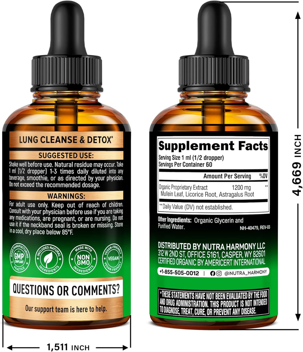 Mullein Drops for Lungs - USDA Organic Liquid - Mullein Leaf Extract Supplement - Made in USA - Lung Bronchial Cleanse for Smokers - Respiratory Health Support - As Tincture, Tea, Pills - Pack of 2