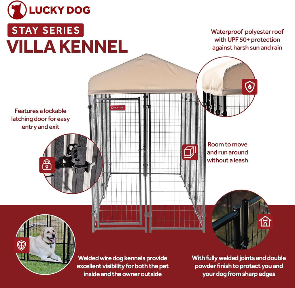 Lucky Dog Stay Series 4 x 8 Feet Villa Black Powder Coat Steel Frame Large Outdoor Dog Kennel with Waterproof Canopy Roof and Single Gate Door, Khaki