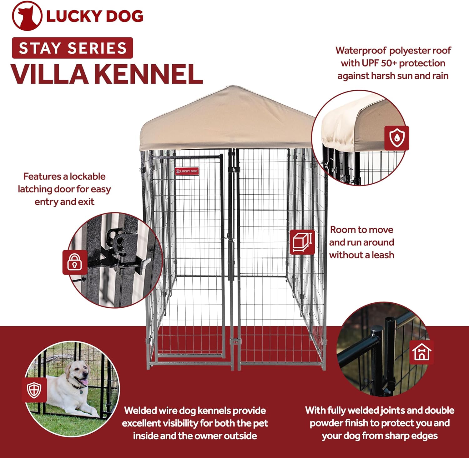 Lucky Dog Stay Series 4 x 8 Feet Villa Black Powder Coat Steel Frame Large Outdoor Dog Kennel with Waterproof Canopy Roof and Single Gate Door, Khaki