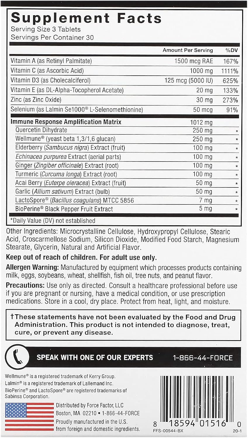 Force Factor Immunity, Immune Support Booster with Elderberry and 1000mg of Vitamin C, Plus Vitamin D, Zinc, Probiotics, Quercetin, Antioxidants, and Echinacea for Immune Health Defense, 90 Tablets