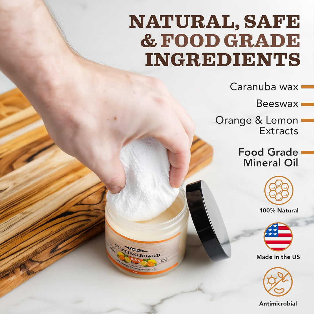 CLARK'S Cutting Board Wax - 2-in-1 Wood Butter & Food Grade Mineral Oil with Beeswax ¨C Butcher Block Conditioner for Cutting Boards ¨C Orange & Lemon Essential Oil Scent ¨C Made in USA, 6oz
