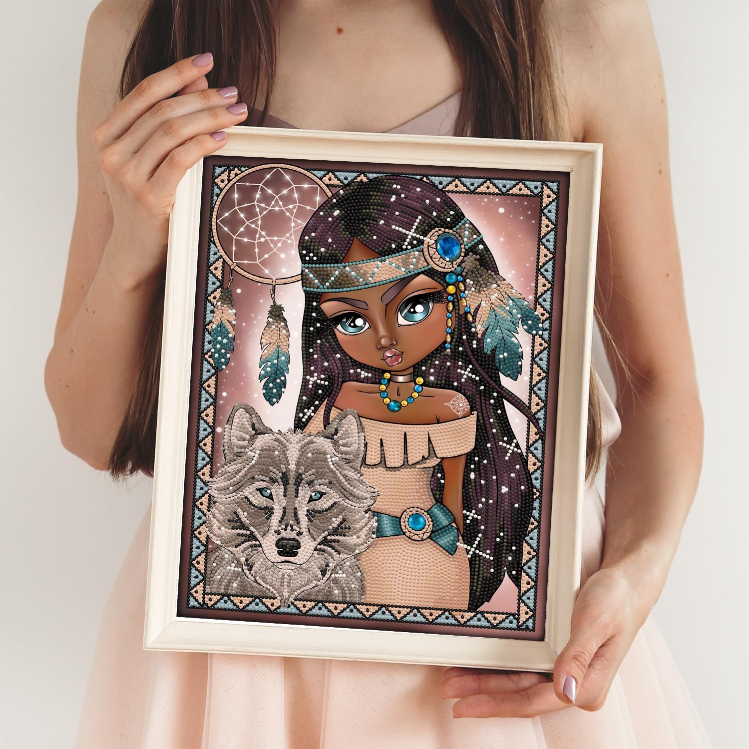 DIAMON DOT India Gir wit Wol Diamon Paintin Kit fo Adult Diamon Ar Kit Relaxin Creativ Craf Ki wit Dot Gem 15.8x11.8