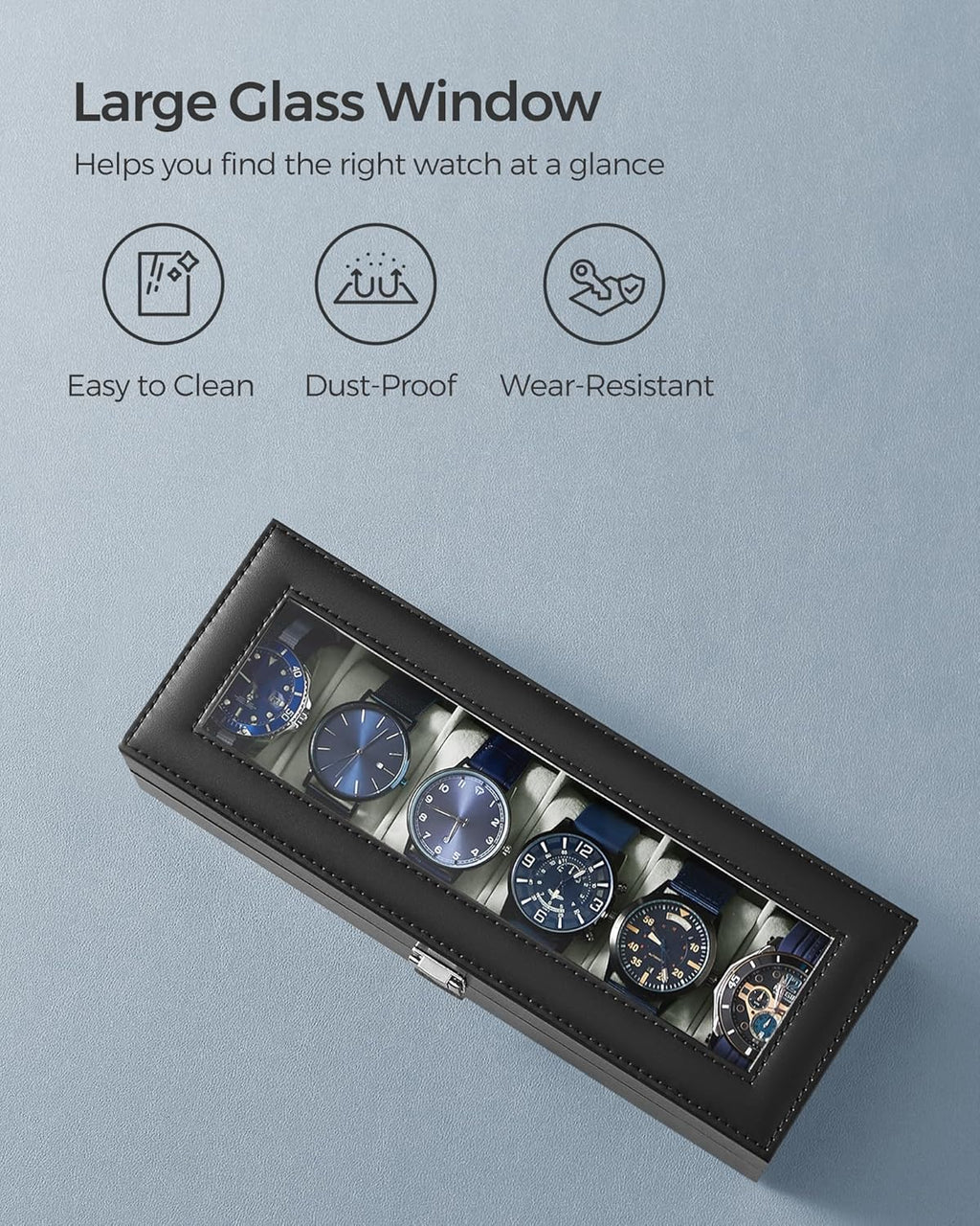 Watch Box, 6-Slot Watch Case Organizer with Large Glass Lid, Removable Pillows, Christmas Gift, Black Synthetic Leather, Greenish Gray Lining UJWB06BK