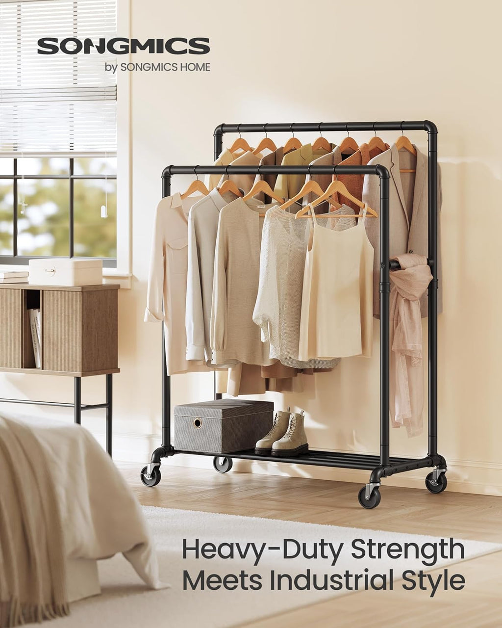 SONGMICS Heavy-Duty Clothes Rack, Double-Rod Clothing Rack for Hanging Clothes, Industrial Garment Rack on Wheels, Metal Frame, 2 Casters with Brakes, Commercial Display, Black UHSR60B
