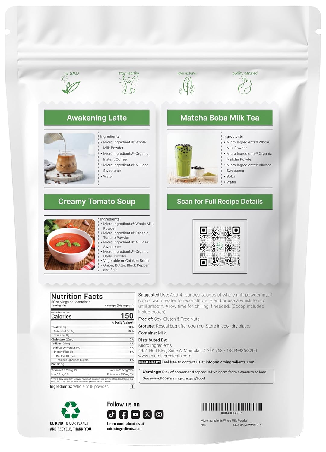 Micr Ingredient Whol Mil Powder l Pasture-Raised rBST-Fre Pur Ric i Protei Idea fo Bakin Everyda Us Non-GMO Gluten-Free Premiu Grade