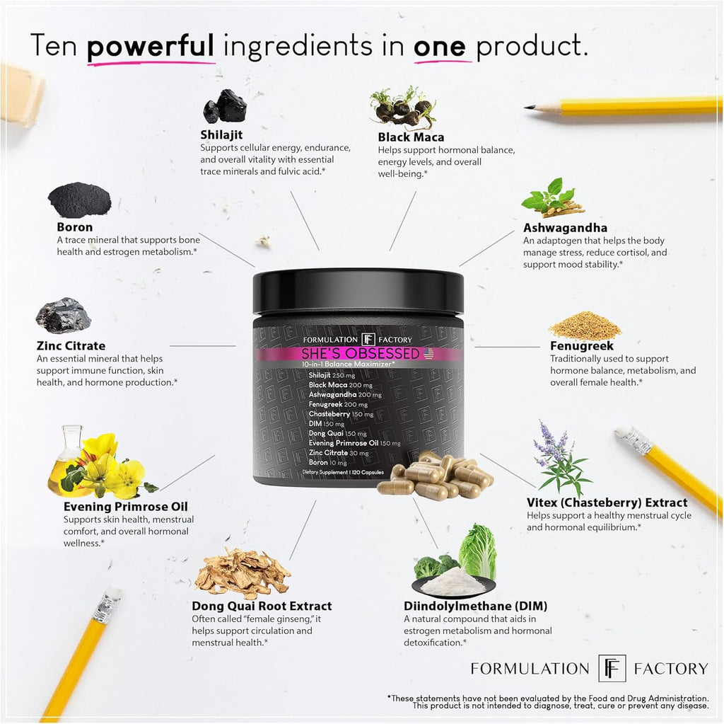 Formulation Factory She's Obsessed: 10-in-1 Hormone Balance Maximizer with Shilajit, Maca, Ashwagandha, DIM, Dong Quai, Zinc & More for Vitality & Balance ¨C 120 Capsules 2 Months