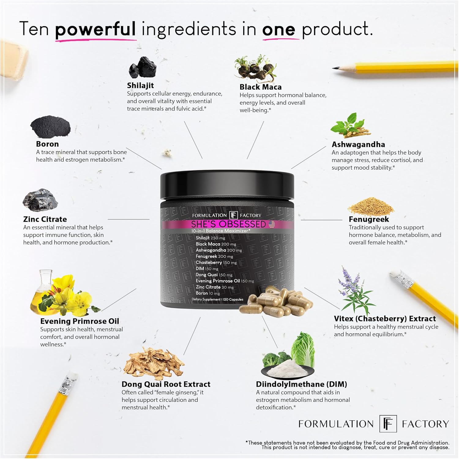 Formulation Factory She's Obsessed: 10-in-1 Hormone Balance Maximizer with Shilajit, Maca, Ashwagandha, DIM, Dong Quai, Zinc & More for Vitality & Balance ¨C 120 Capsules 2 Months