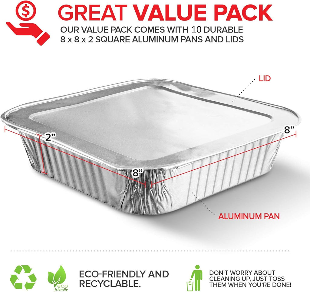 8x8 Foil Pans with Lids (10 Pack) 8 Inch Square Aluminum Pans with Covers - Foil Pans and Foil Lids - Disposable Food Containers Great for Baking Cake, Cooking, Heating, Storing, Prepping Food