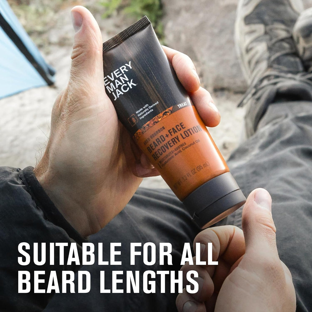 Every Man Jack Beard + Face Recovery Lotion - Moisturizes Relieves Dry Skin and Beard Itch - Light Aged Bourbon Scent - Made w/Naturally Derived Ingredients like Coconut Oil, and Witch Hazel - 3.2 oz (2 Pack)