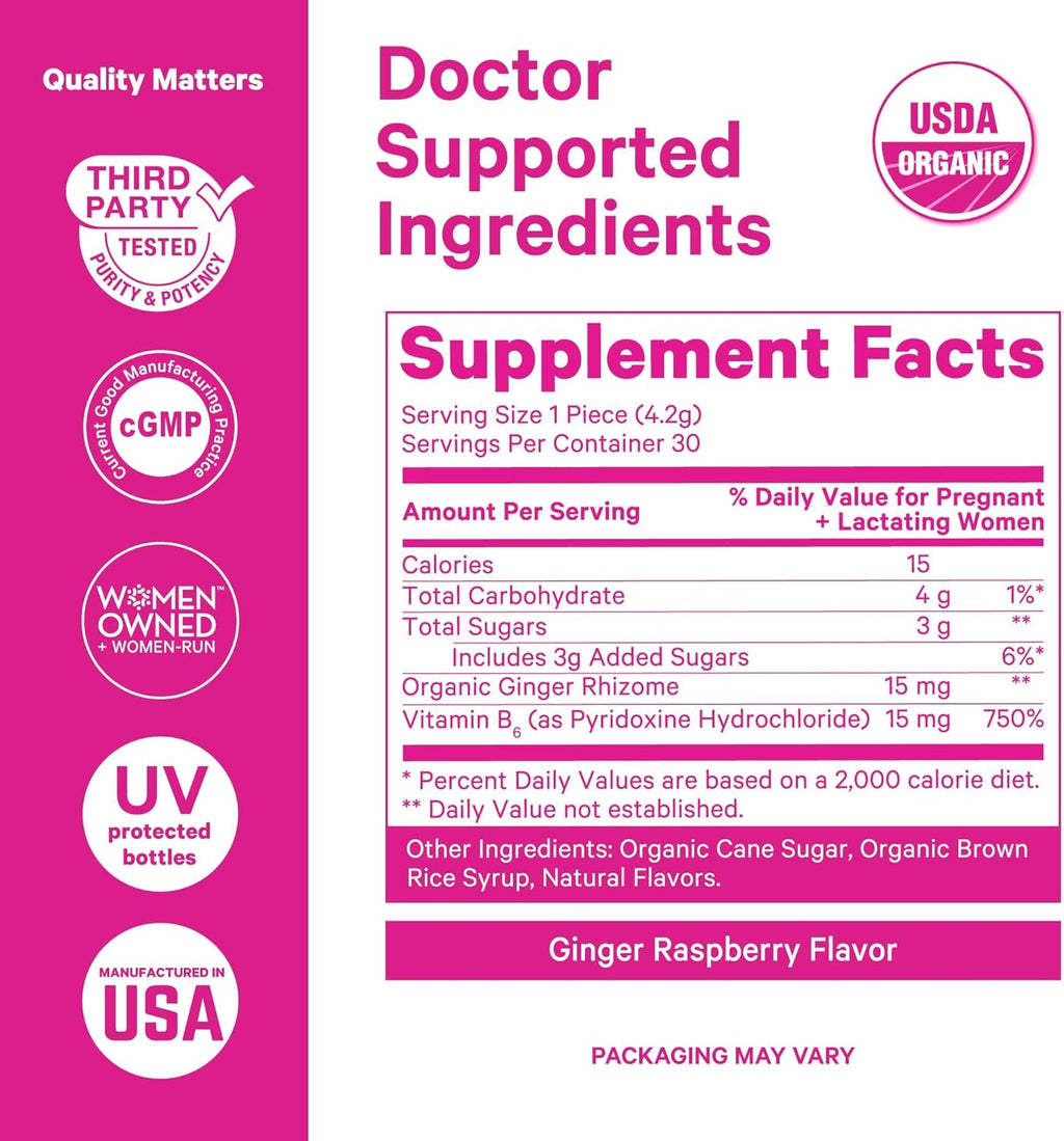 Pink Stork Morning Sickness Sweets, Organic Raspberry Ginger Candy with Vitamin B6, Support for Motion Sickness, Prenatal Heartburn - Pregnancy Must Haves - 30 Wrapped Drops